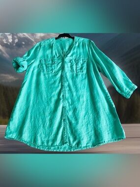 Nicole Miller Women Sz XL Turquoise Green 💯Linen Roll Sleeve Button Down Shirt